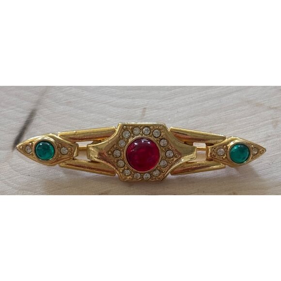 Vintage Deco Revival Bar Brooch – Red & Green Cabochons with Rhinestones - Picture 1 of 10